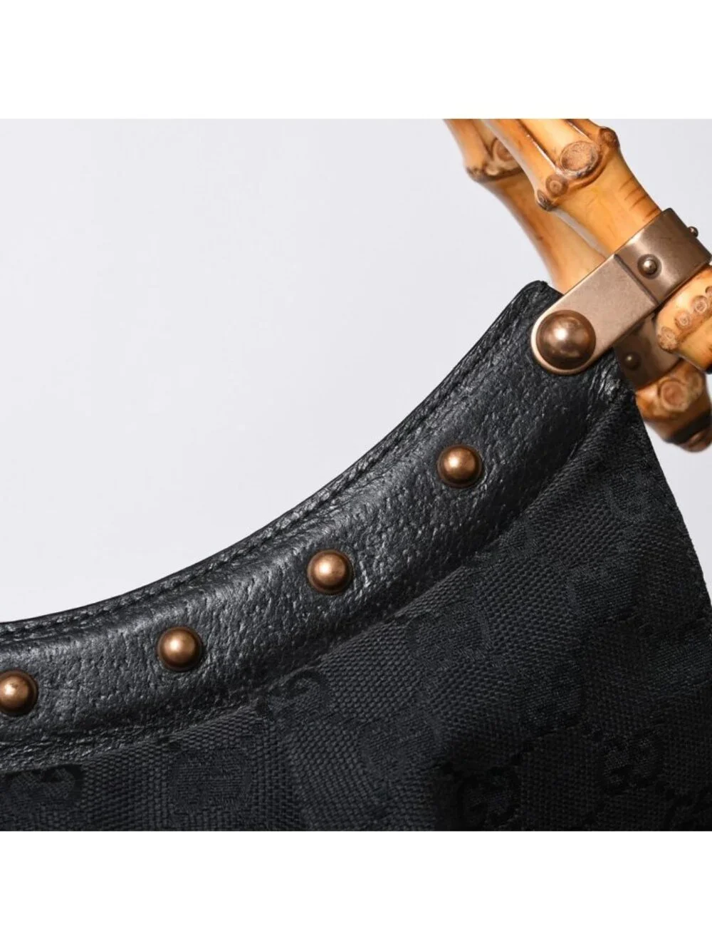 Gucci Bamboo Hand Bag Leather GG Canvas Black Brown